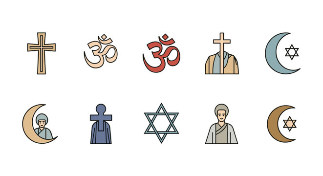 Various religious and cultural icons including the christian cross the hindu om symbol the islamic crescent and the star of david.
