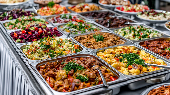 Buffet Spread with Diverse Dishes from Salads to Warm Savory Meals
