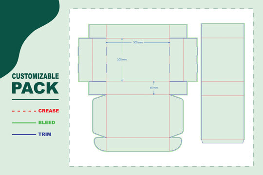 Mailer box dieline template with sleeve, featuring tuck front opening, folding structure, and dimension measurements in millimeters on a light green background