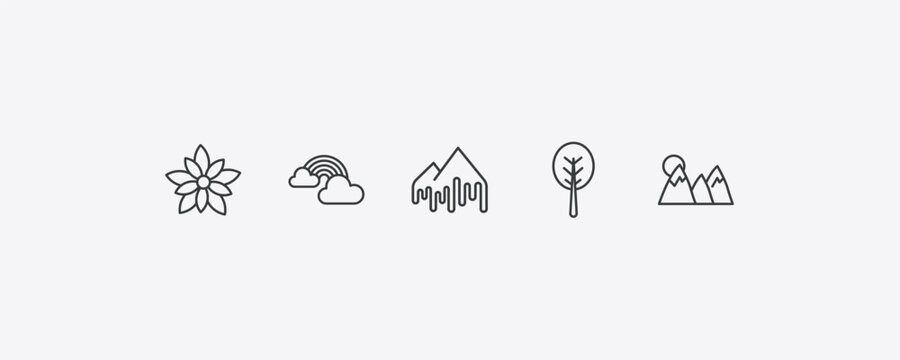 nature outline icon set. thin line nymphea, rainbow behind a cloud, orbicular, mountain pse icons. editable vector