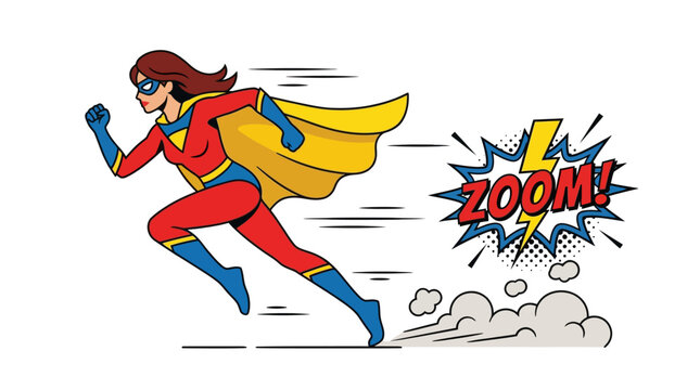 Superhero Woman Running Fast with Cape and "ZOOM!" Comic Speech Bubble