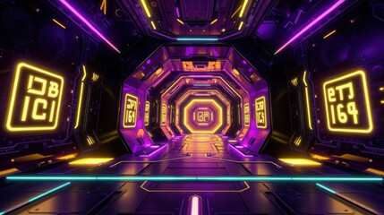 Obraz premium Futuristic corridor, neon lights illuminate metallic walls. Perspective creates depth, vibrant purple, yellow hues dominate space.