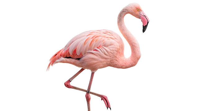 Beautiful pink greater flamingo bird standing gracefully on one leg for tropical wildlife themes on transparent background