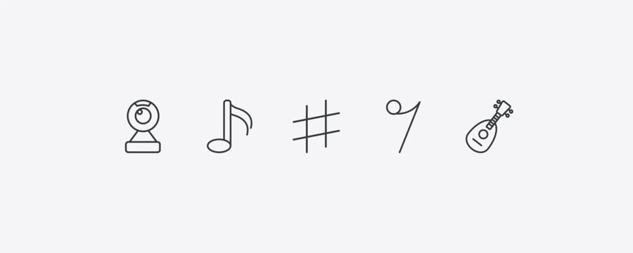 music and media outline icon set. thin line webcam video call, sixteenth note, eight note rest, mandolin icons. editable vector