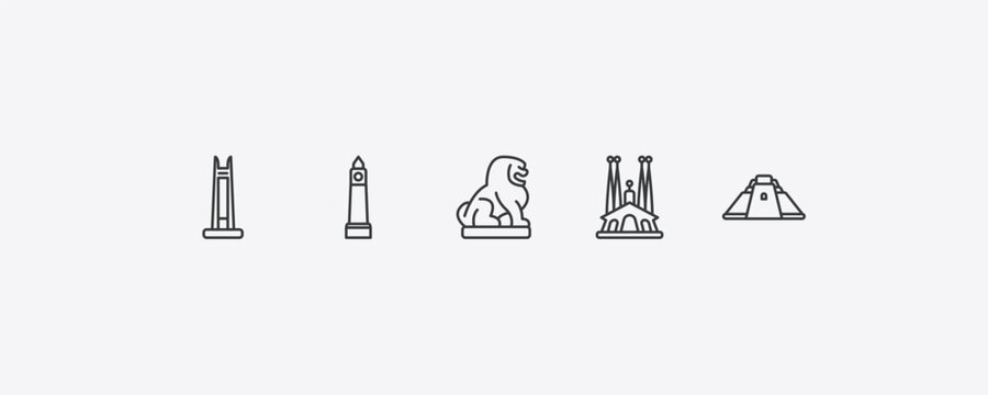 monuments outline icon set. thin line circle, clock tower, spain, pyramid of the magician icons. editable vector