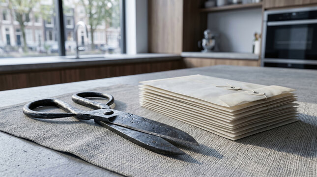Vintage scissors and stack of envelopes on a textured surface, with a blurred kitchen and canal view in the background.