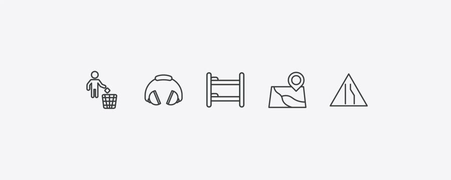 maps and flags outline icon set. thin line throw to the bin, ear protection, map localization, narrow right lane icons. editable vector