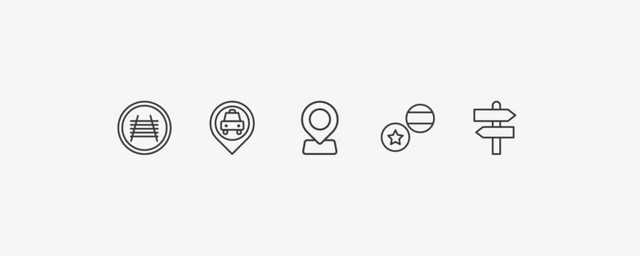 maps and flags outline icon set. thin line rail crossing, taxi stop, flags, divarication icons. editable vector
