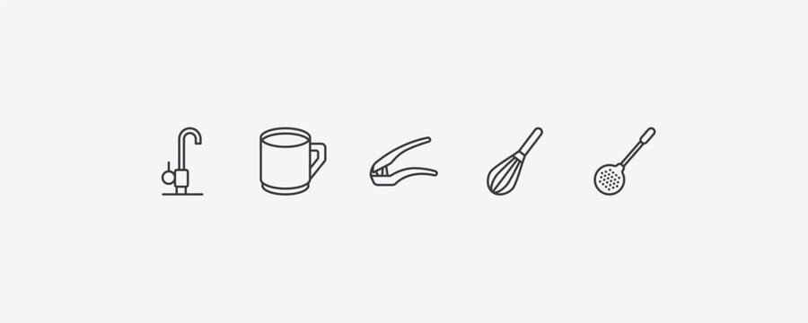 kitchen outline icon set. thin line kitchen tap, mug, beater, skimmer icons. editable vector