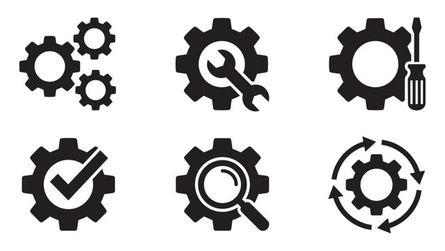 Set of industrial gear icons featuring flat black silhouette designs with various technical symbols including checkmarks magnifying glass arrows wrench and screwdriver