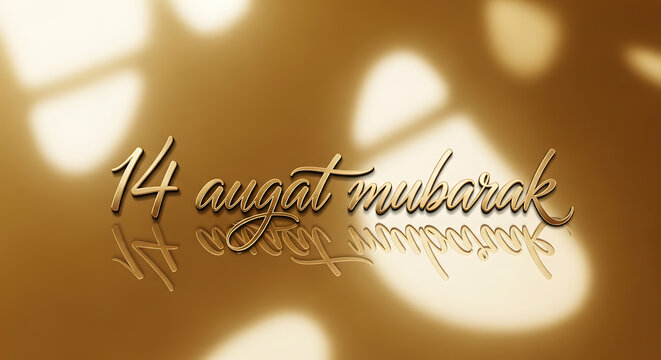 A luxurious shimmering golden three dimensional rendering of the numbers 14 and the elegant stylish cursive script text augat mubarak with prominent reflective shadows visible below