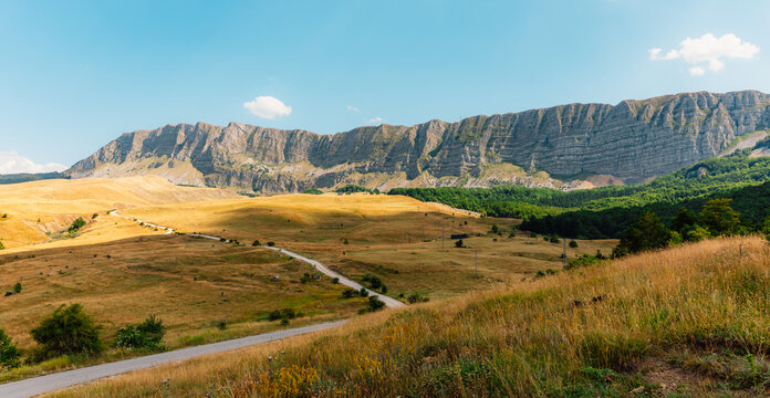 Majestic limestone cliffs of Mount Lebrsnik on the border of Bosnia and Herzegovina and Montenegro, scenic mountain landscape in the Dinaric Alps.