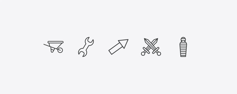 history outline icon set. thin line wheelbarrow, tool, swords, mummy icons. editable vector