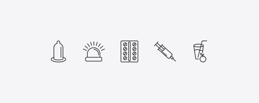 health and medical outline icon set. thin line condom, emergency, injection, orange juice icons. editable vector