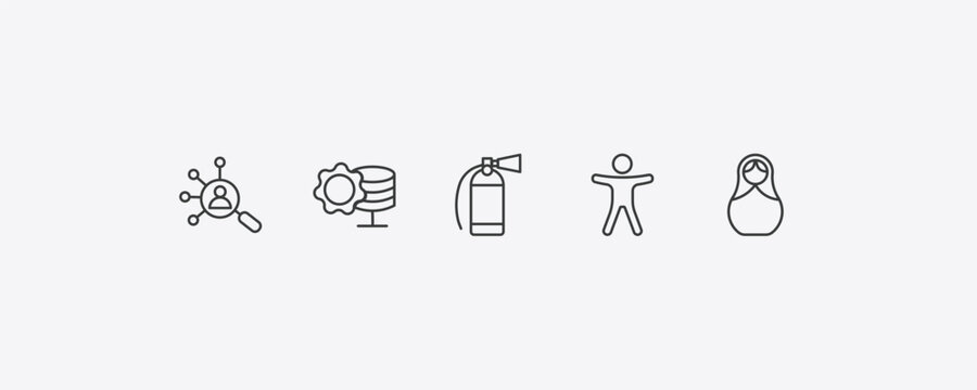 general outline icon set. thin line hr solutions, data engineering, man with open arms, matryoshka icons. editable vector