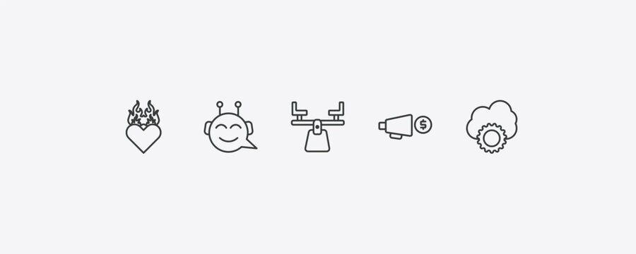 general outline icon set. thin line heart in flames, chat bot, marketing budget, cloud service icons. editable vector