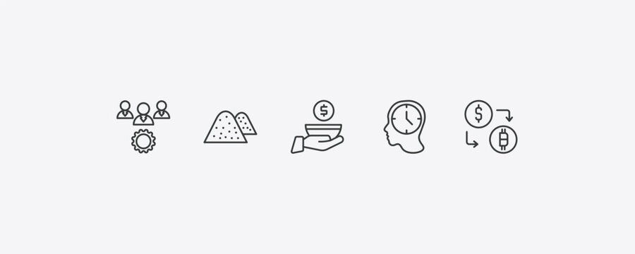 general outline icon set. thin line project team, sand, patience, crypto-exchange icons. editable vector