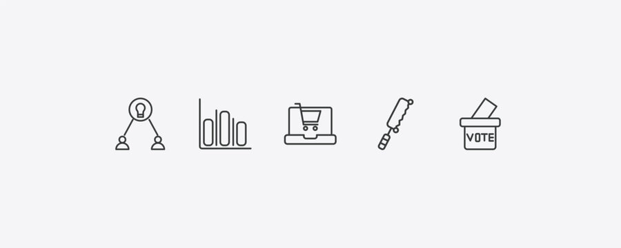 general outline icon set. thin line collaborative idea, info chart, fretsaw, referendum icons. editable vector