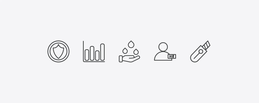 general outline icon set. thin line insurance with a button, ar graph, hr manager, stationery knife icons. editable vector