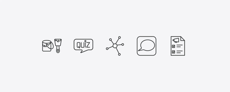 general outline icon set. thin line painting work, quiz, message app, marketing plan icons. editable vector