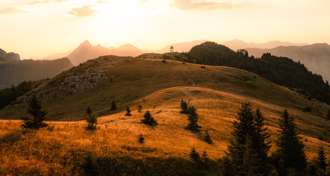 Sunset over the Maglic mountain massif seen from Prijevor saddle in Sutjeska National Park, the highest peak of Bosnia and Herzegovina at golden hour.