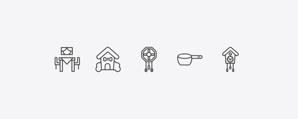 furniture & household outline icon set. thin line dining room, pet house, small saucepan, cuckoo clock icons. editable vector