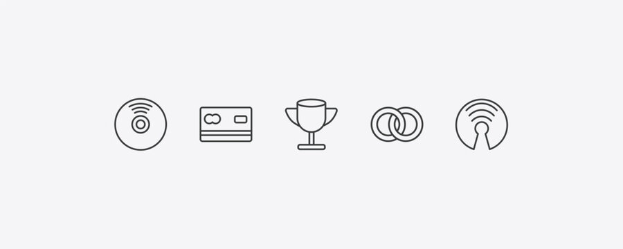 general outline icon set. thin line cd record, credit cards, interlocking rings, open source icons. editable vector