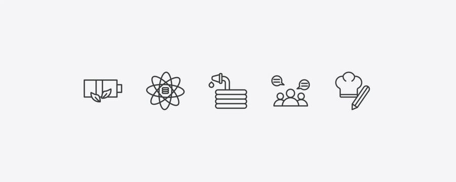 general outline icon set. thin line eco battery, big data scientist, group opinion, chef hat with a pencil icons. editable vector