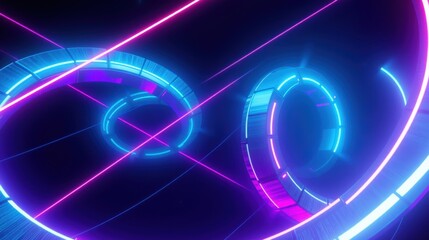 Obraz premium Abstract neon lights form circular tunnels. Vivid blue, purple hues create futuristic, dynamic visual effect. Dark background emphasizes glowing lines.