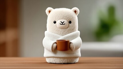 Naklejka premium Cute white alpaca wearing bathrobe holding small brown ceramic cup adorable fluffy alpaca toy wearing cozy white robe holding mug