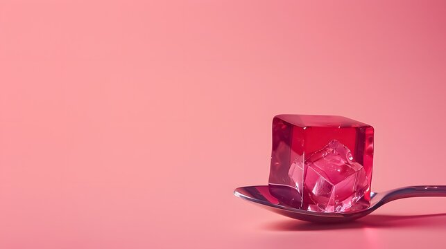 Premium 3D render of a geometric ruby red crystal jelly with internal crystalline structure on a silver spoon, right side with vast left negative space.