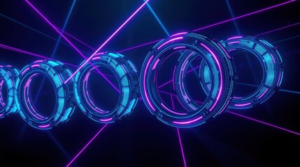 Obraz premium Futuristic rings glow brightly. Neon lines create abstract tunnel effect. Dark background emphasizes vibrant colors, digital aesthetic.
