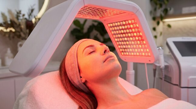 LED Facial Therapy: A woman enjoys a rejuvenating LED light therapy facial treatment, her face bathed in a warm red glow, promoting skin health and renewal.