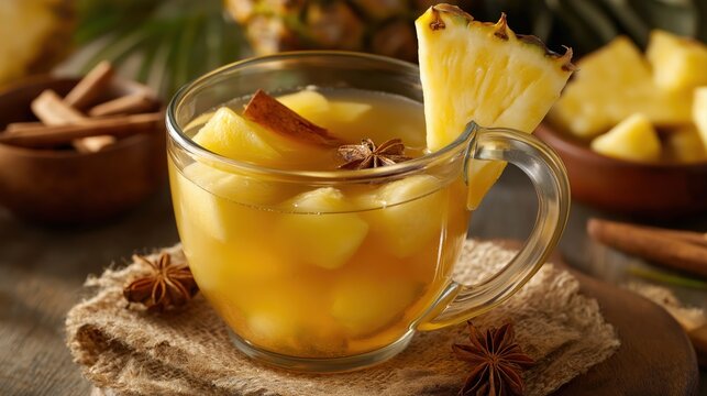 Golden Mexican Tepache Drink with Pineapple Cinnamon Star Anise Refreshing Fermented Beverage