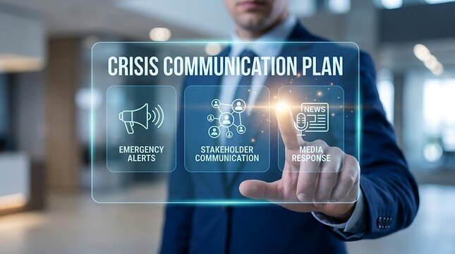 Businessman Interacting with Digital Screen Displaying Crisis Communication Plan with Icons for Alerts, Stakeholder Communication, and Media Response