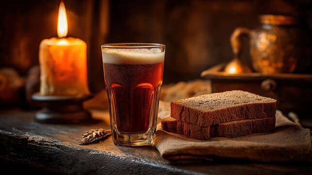 Traditional dark kvass bread drink with frothy foam and fresh rye bread slices served on a rustic table