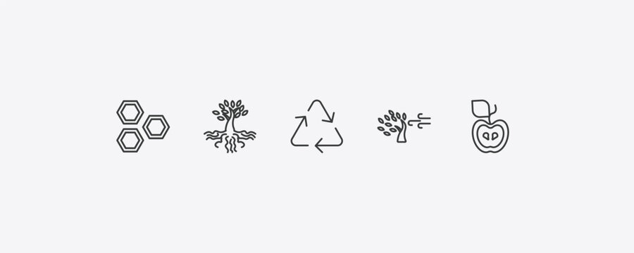 ecology outline icon set. thin line eco cell, tree and roots, wind bending tree, half icons. editable vector