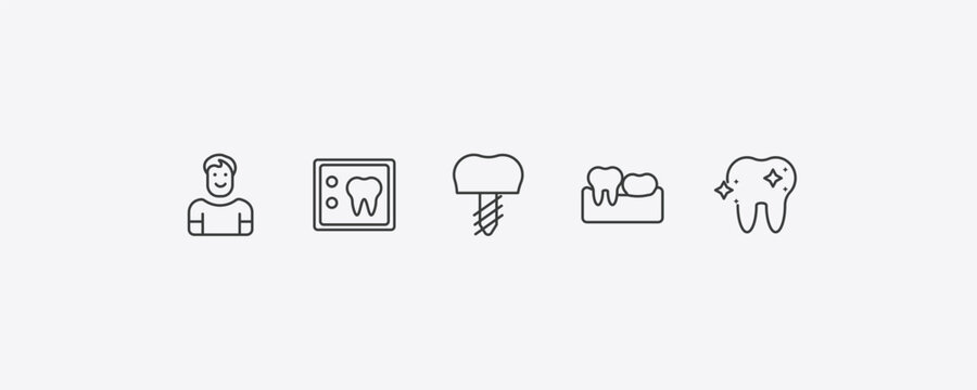 dentist outline icon set. thin line healthy boy, dental x ray, partial denture, shiny tooth icons. editable vector