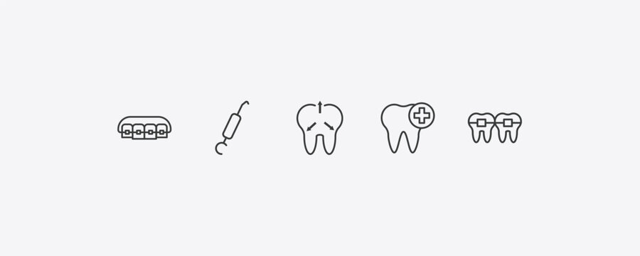 dentist outline icon set. thin line lingual braces, periodontal scaler, healthy tooth, dental brackets icons. editable vector