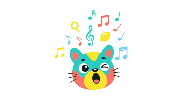 Cute Cartoon Cat Singing with Musical Notes and Lemon