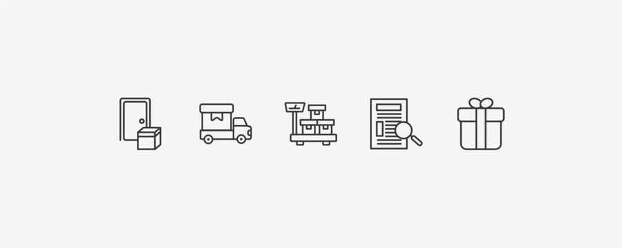 delivery and logistic outline icon set. thin line on door delivery, cargo, waybill, gift icons. editable vector