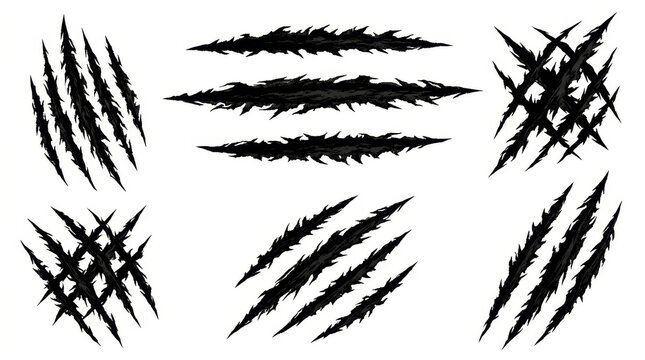 Sharp black monster claw marks and aggressive rip scratches isolated on a clean white background.