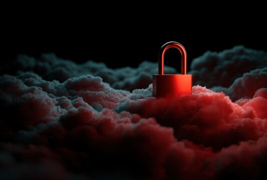 Red padlock with metallic shackle resting above cloud computing platform representing cybersecurity or data protection concept