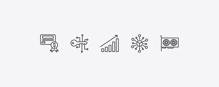 cryptocurrency outline icon set. thin line bonds, crypto key, decentralized, video card icons. editable vector
