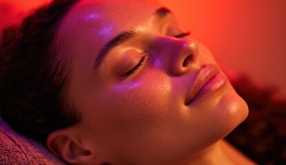 Obraz premium Relaxing woman lying on massage table with a calm expression and soft lighting, enjoying a wellness therapy session