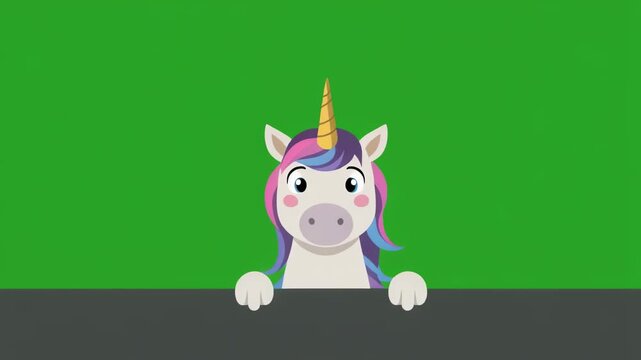 A cute cartoon unicorn with a colorful mane and golden horn peeking over a dark surface against a green screen chroma key background.