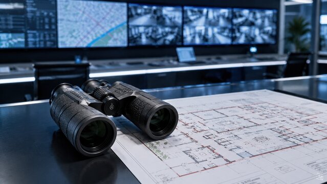 Binoculars and blueprints in a security control room with multiple monitors displaying surveillance feeds and maps.