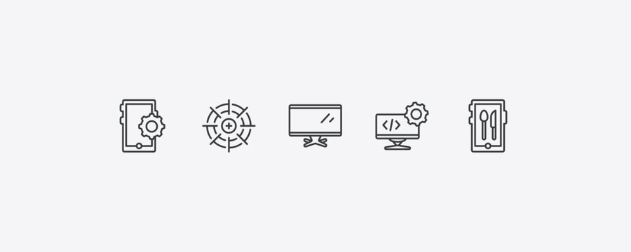computer outline icon set. thin line tablet data tings, calibrate, develope, restaurant app icons. editable vector