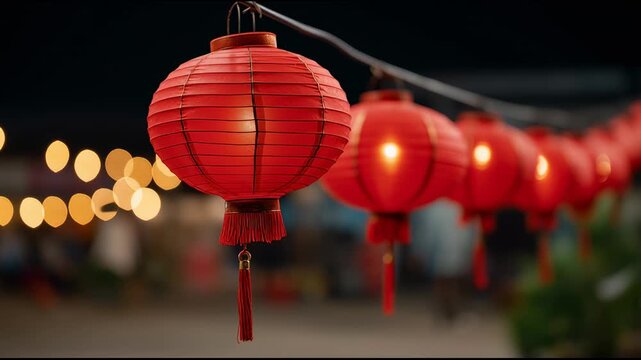 Red paper lantern hanging on a string at night. Decorative light during celebration. Festive outdoor lighting for traditional cultural decoration.