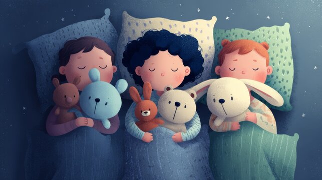 63.Adorable bedtime scene showing children asleep while cuddling favorite plush toys, soft pillows and blankets, calm night mood, simple shapes, pastel tones, high quality vector illustration